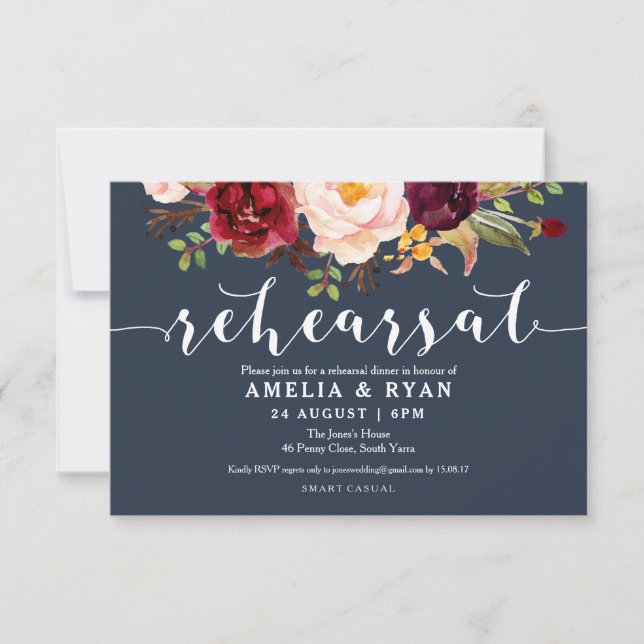 Burgundy Floral Navy Wedding Rehearsal Invitations (Front)