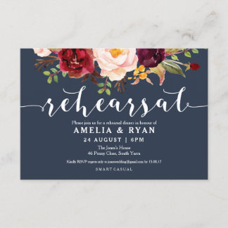 Burgundy Floral Navy Wedding Rehearsal Invitations