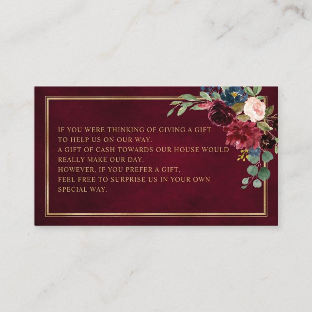 Burgundy Floral Navy Wedding Wishing well Enclosur Enclosure Card (Front)