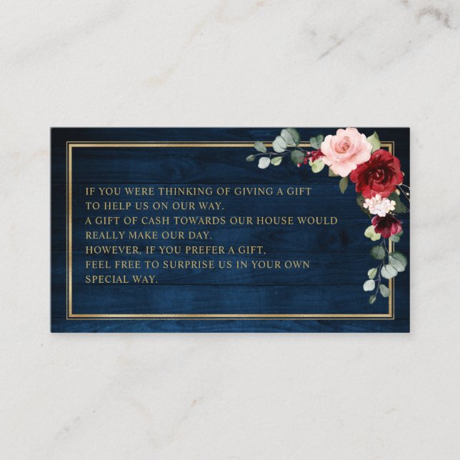 Burgundy Floral Navy Wedding Wishing well Enclosur Enclosure Card (Front)