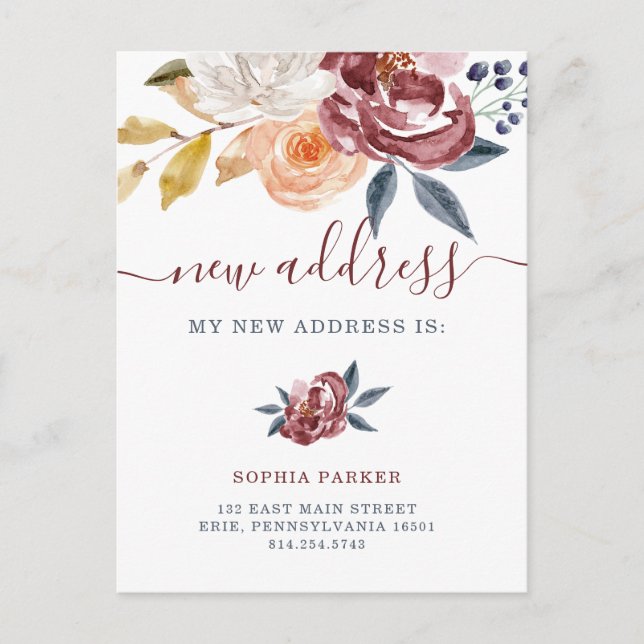 Burgundy Floral | New Address Moving Announcement Postcard (Front)
