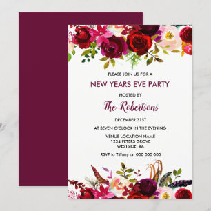 Burgundy Floral New Years Eve Party Invite