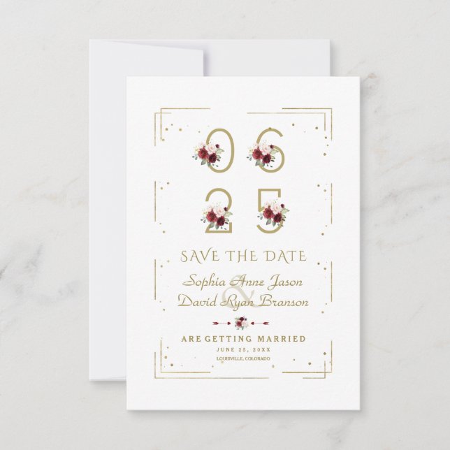 Burgundy Floral Number Wedding Save The Date (Front)