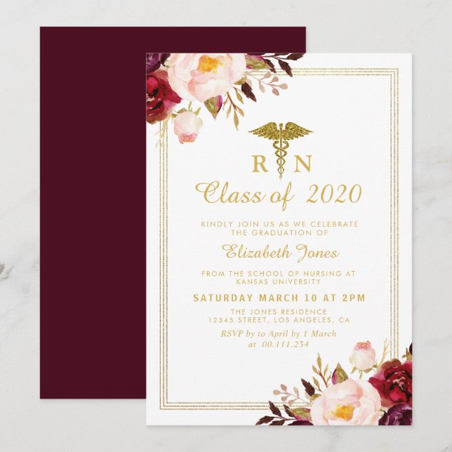 Burgundy floral nursing graduation party invitation (Front/Back)