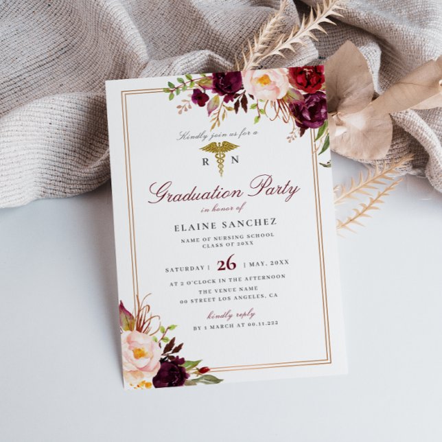 Burgundy floral nursing graduation party invitation (Creator Uploaded)
