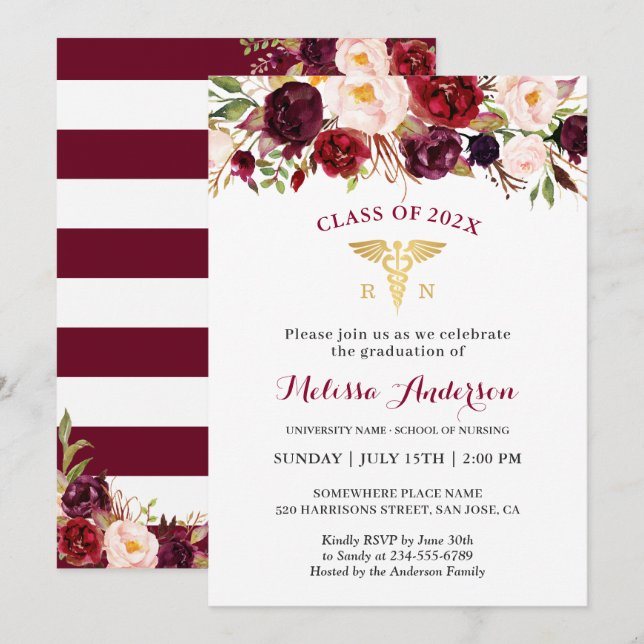 Burgundy Floral Nursing School Graduation Party Invitation (Front/Back)