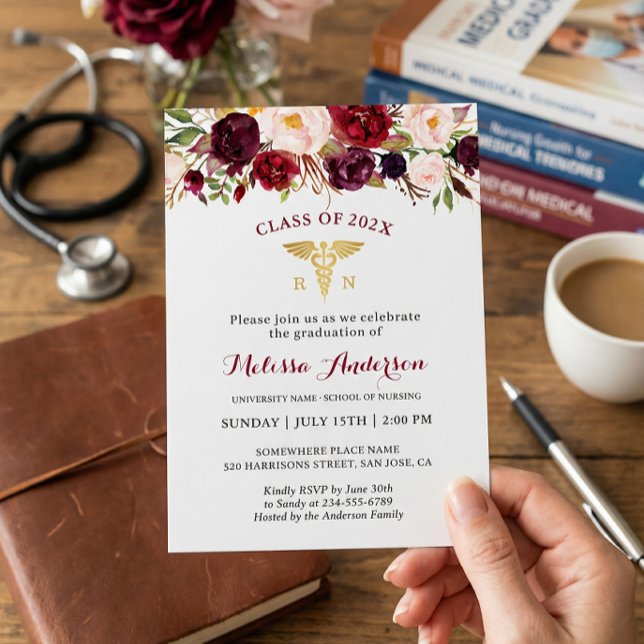 Burgundy Floral Nursing School Graduation Party Invitation (Creator Uploaded)
