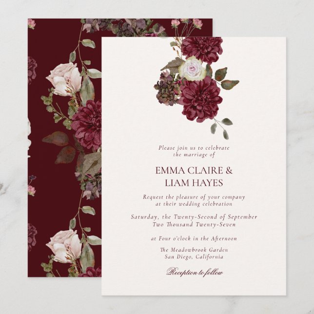 Burgundy Floral Old Money Wedding Invitation (Front/Back)