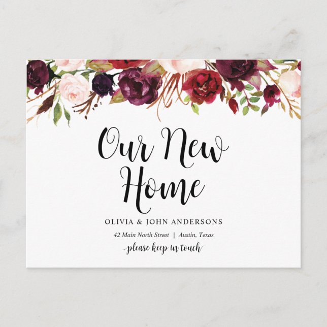 Burgundy floral, Our New Home Address Announcement Postcard (Front)