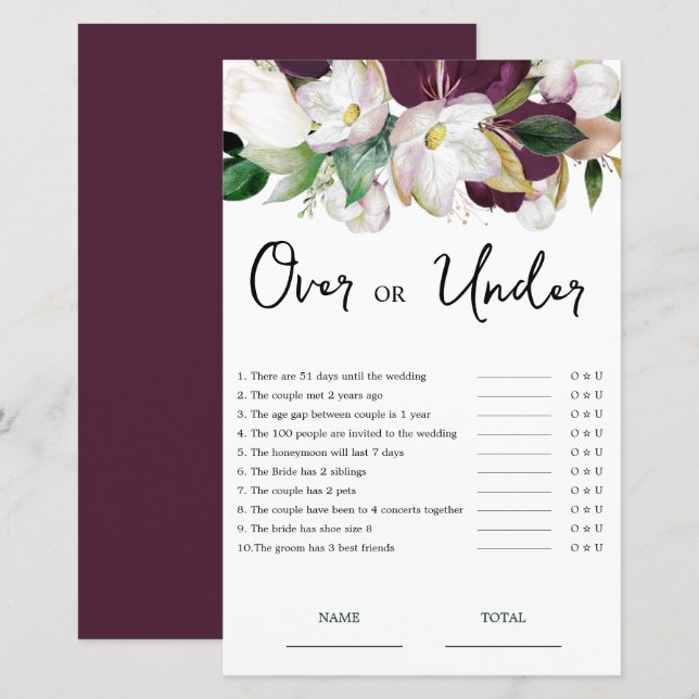  Burgundy Floral Over or Under Bridal Shower Game (Front/Back)