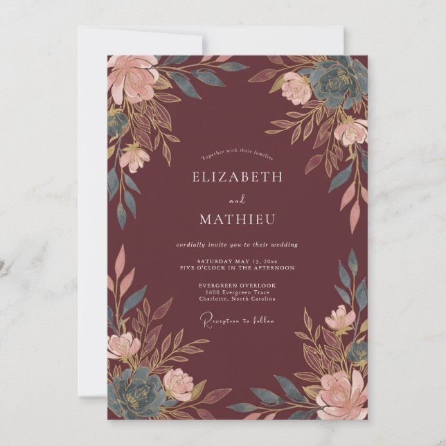Burgundy Floral Painterly Wedding Invitation (Front)