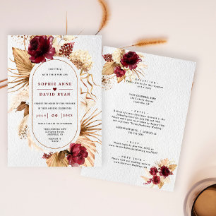 Burgundy Floral Pampas Grass All In One Wedding Invitation