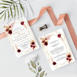 Burgundy Floral Pampas Grass All In One Wedding Invitation