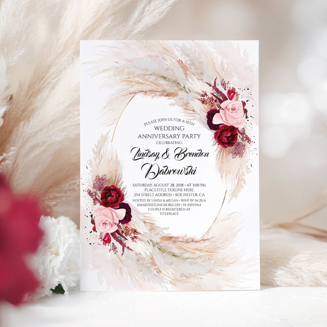 Burgundy Floral Pampas Grass Wedding Anniversary Invitation (Wedding Anniversary Invitation)