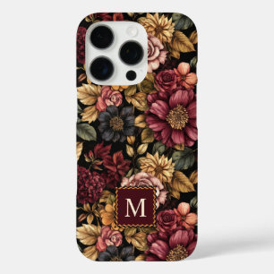 Burgundy Floral Pattern Monogram iPhone 16 Pro Case