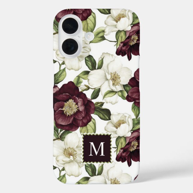 Burgundy  Floral Pattern Monogram  Case-Mate iPhone Case (Back)