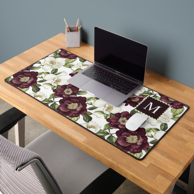 Burgundy  Floral Pattern Monogram  Desk Mat (Office 2)