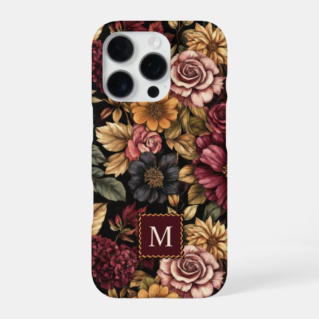Burgundy  Floral Pattern Monogram iPhone Case (Back)