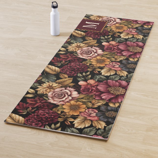 Burgundy  Floral Pattern Monogram Yoga Mat (In Situ)