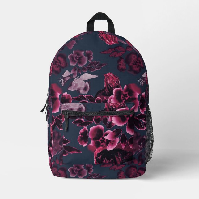 Burgundy Floral Pattern Navy Blue Printed Backpack (Front)