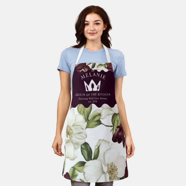 Burgundy  Floral Pattern Personalised Apron (Worn)