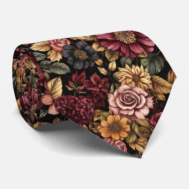 Burgundy  Floral Pattern  Tie (Rolled)