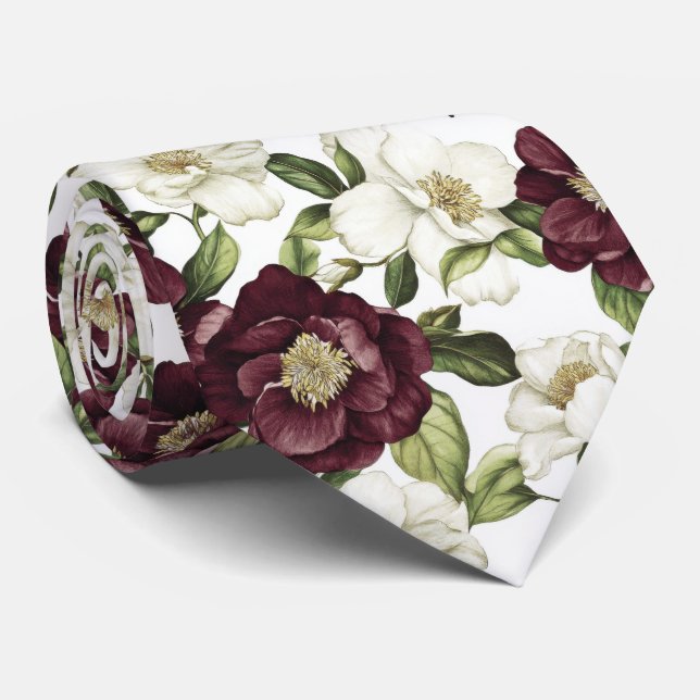 Burgundy  Floral Pattern  Tie (Rolled)
