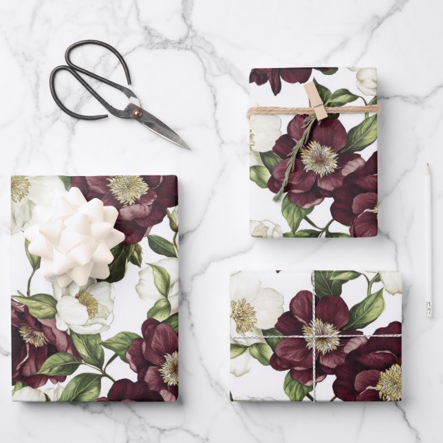 Burgundy  Floral Pattern  Wrapping Paper Sheet (Front)