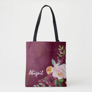 Burgundy Floral Peonies Personalised Tote Bag