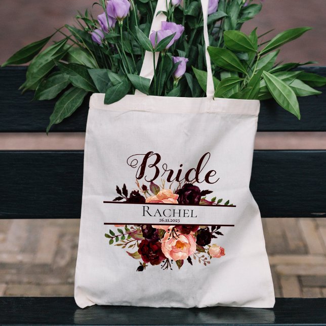 Burgundy Floral | Personalised Bride Wedding Tote Bag (Creator Uploaded)