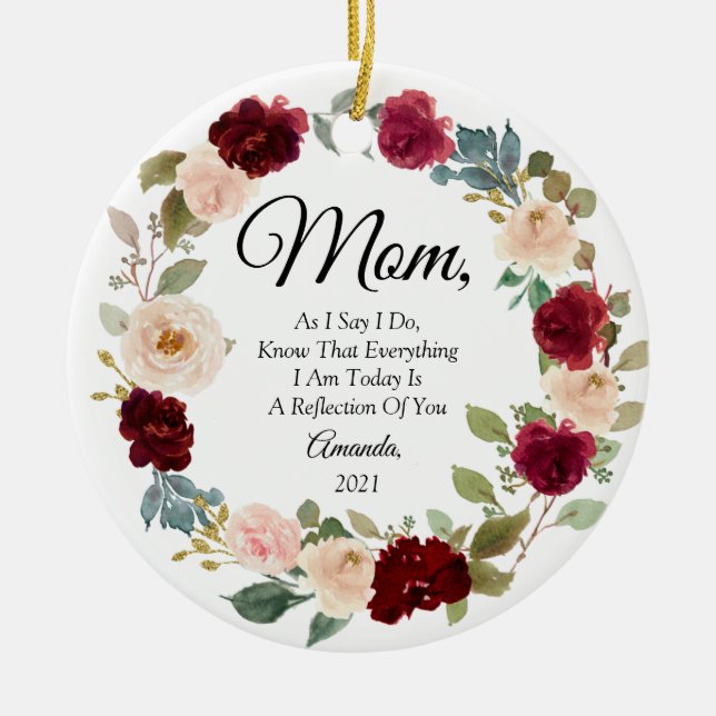 Burgundy Floral Personalised Mother of the Bride Ceramic Tree Decoration (Front)