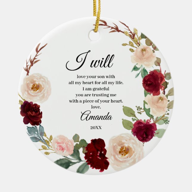 Burgundy Floral Personalised Mother of the Groom Ceramic Tree Decoration (Front)