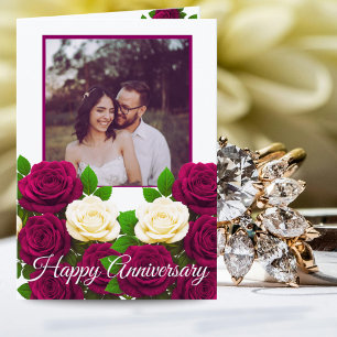 Burgundy Floral Photo 1st Anniversary For Couple Card