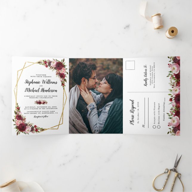 Burgundy Floral Photo All in One Wedding Tri-Fold Invitation (Inside)