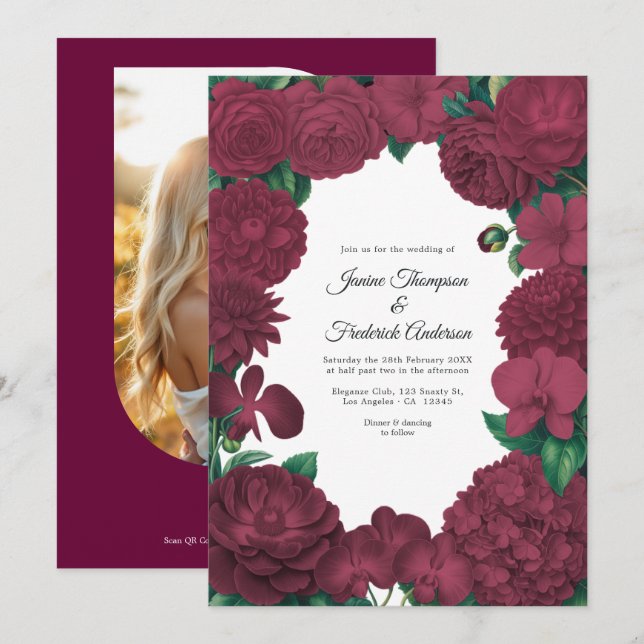 Burgundy Floral Photo and QR Code Wedding Invitation (Front/Back)