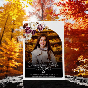 Burgundy Floral Photo Bat Mitzvah Save the Date Invitation