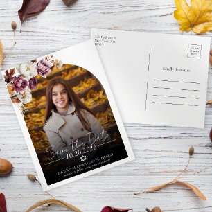 Burgundy Floral Photo Bat Mitzvah Save the Date Postcard
