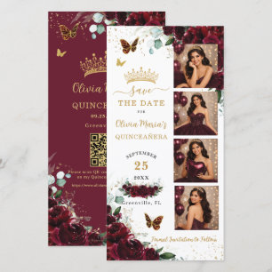 Burgundy Floral Photo Booth Quinceanera QR code Save The Date