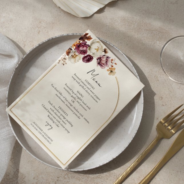 Burgundy Floral Photo Fall Wedding Menu Card (Creator Uploaded)