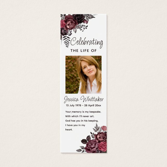 Burgundy Floral Photo Funeral Memorial Bookmark (Front)