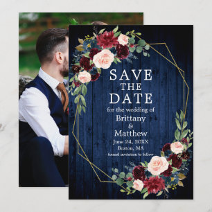 Burgundy Floral Photo Geo Frame Blue Wood Save The Date
