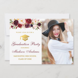 Burgundy Floral Photo Gold Graduation Party Invite