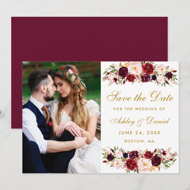 Burgundy Floral Photo Gold Save The Date (Front/Back)