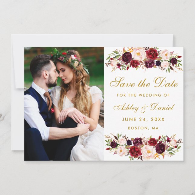 Burgundy Floral Photo Gold Save The Date W (Front)