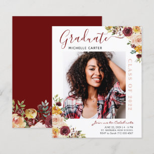 Burgundy Floral Photo Graduation Announcement