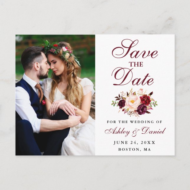 Burgundy Floral Photo Save The Date Postcard (Front)