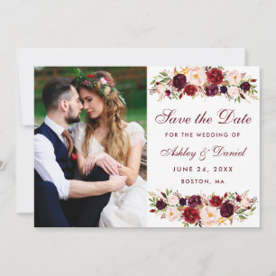 Burgundy Floral Photo Save The Date W