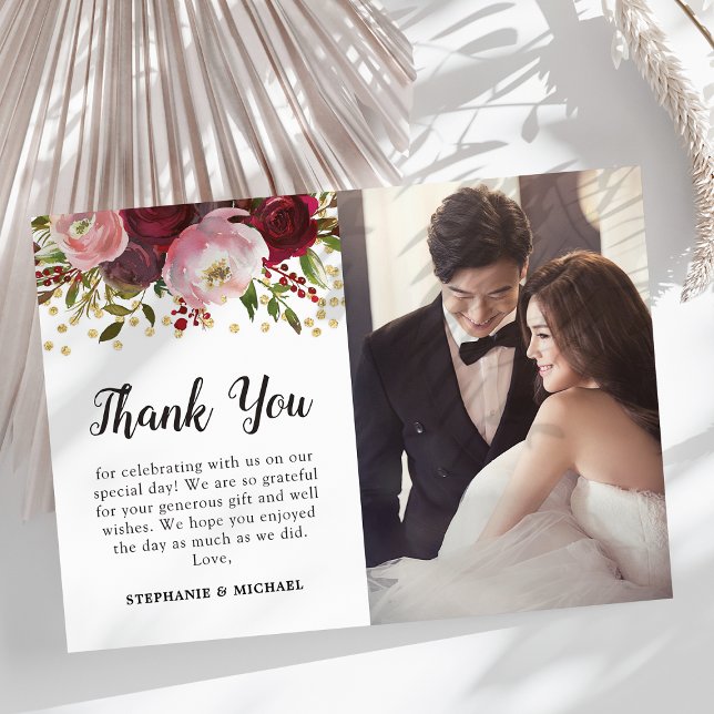 Burgundy Floral Photo Wedding Thank You Card (Creator Uploaded)