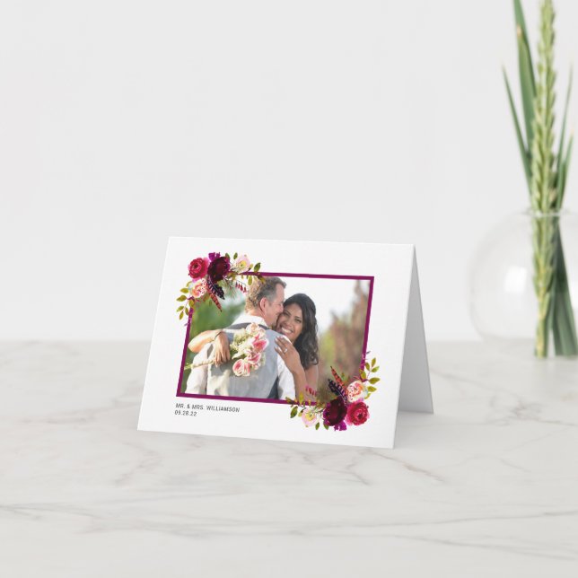 Burgundy Floral Photo wedding thank you note Card (Front)