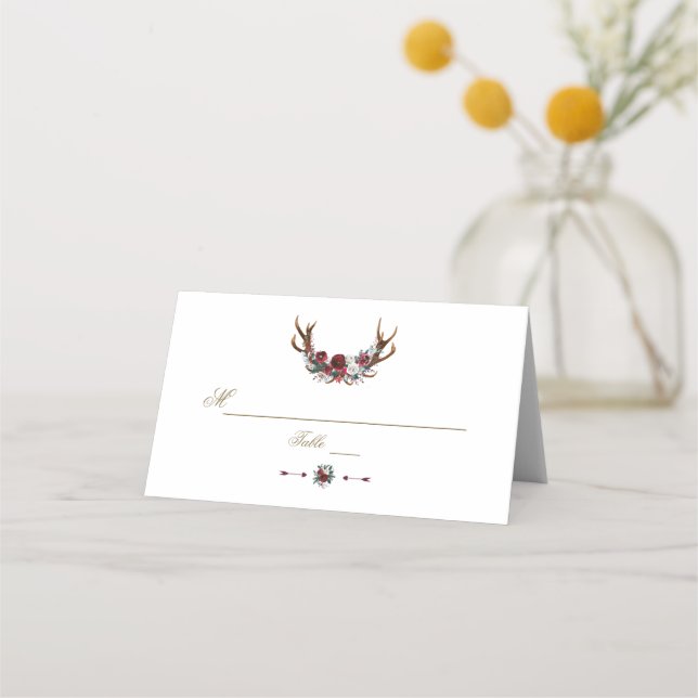 Burgundy Floral Pine Antlers Wedding Table Number Place Card (Front)